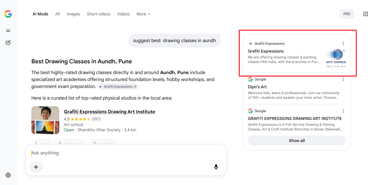 Google AI Mode result for drawing classes in Aundh