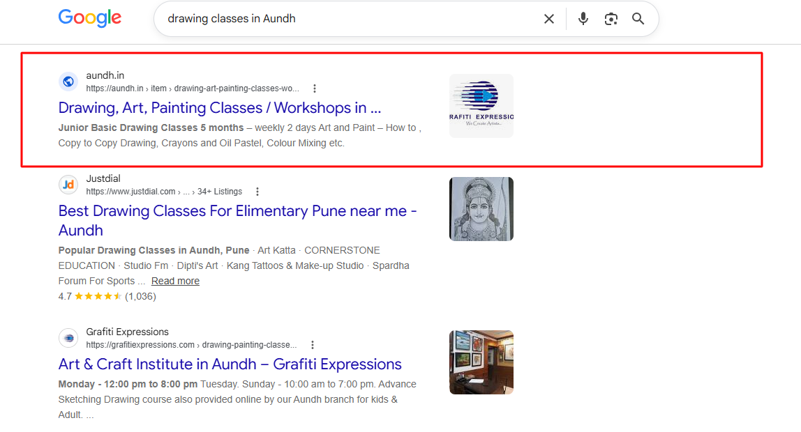 Google search result showing an Aundh.in listing for drawing classes in Aundh